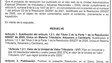 La DIAN fija el valor de la UVT para 2026: $52.374