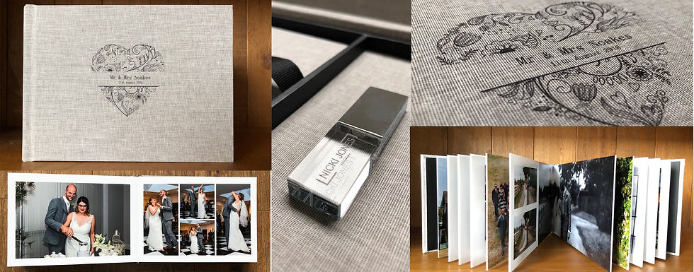 A collage go photos of a wedding album, showing pages, usb and text. The album is in a beige colour.