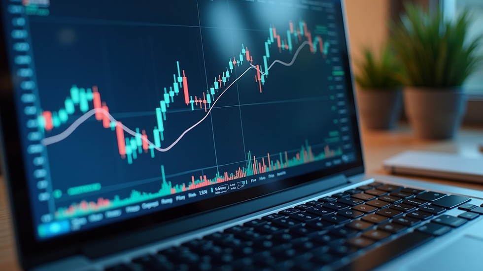 Close-up view of a laptop screen showing financial graphs and charts