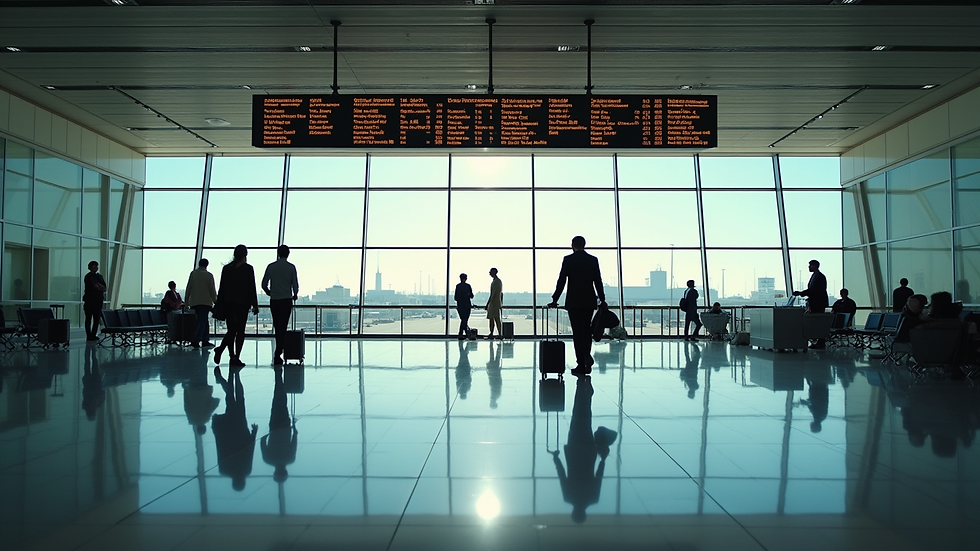Eye-level view of Fes airport terminal with travelers and flight information screens