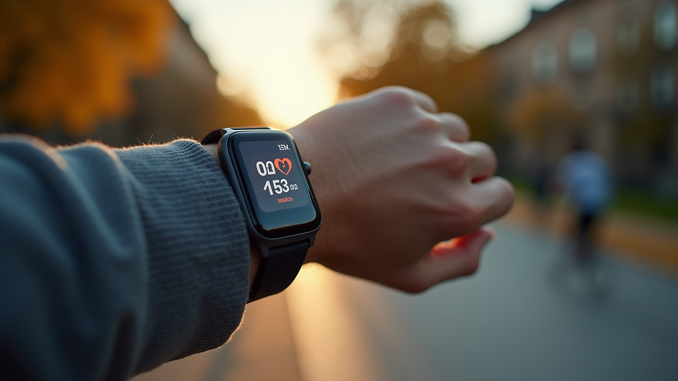 Close-up view of a fitness tracker displaying health data
