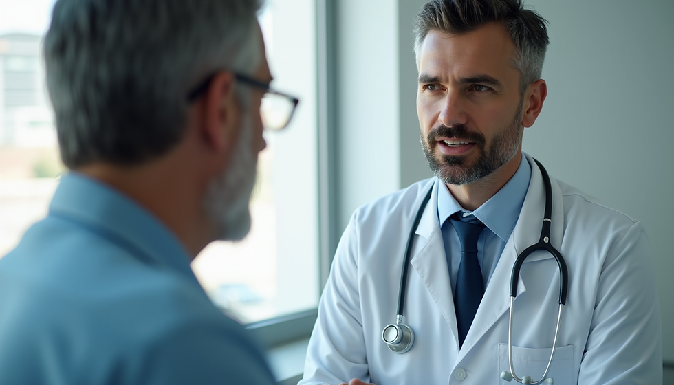 Doctor attentively listens to a patient in a bright office, wearing glasses and a stethoscope. The mood is serious and professional.