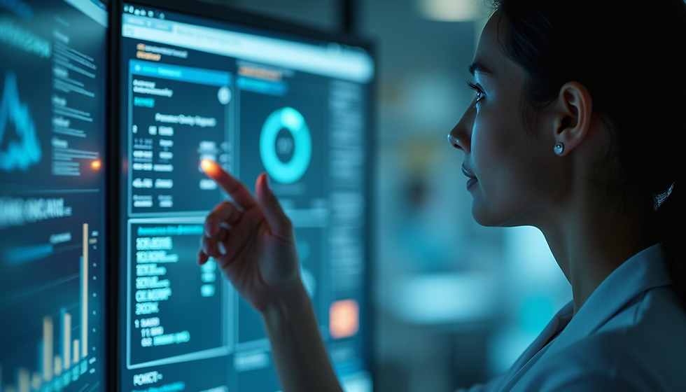 Woman in focus interacts with touchscreen displaying data charts in a dimly lit office, emphasizing technology and concentration.