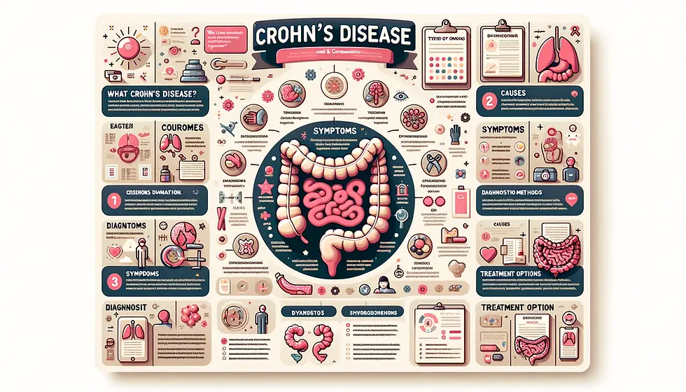 Infographic detailing Crohn's Disease, featuring sections on what Crohn's Disease is, its types, causes, symptoms, diagnostic methods, and treatment options