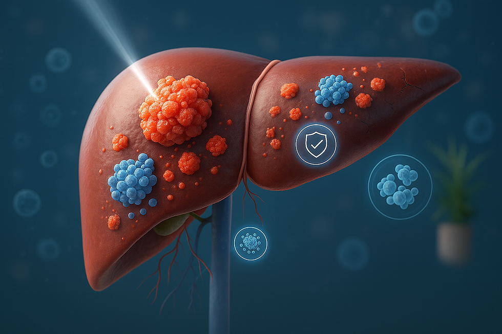 Illustration of a liver with red and blue clumps. A beam of light hits a red mass. Blue background with floating cells and a shield icon.