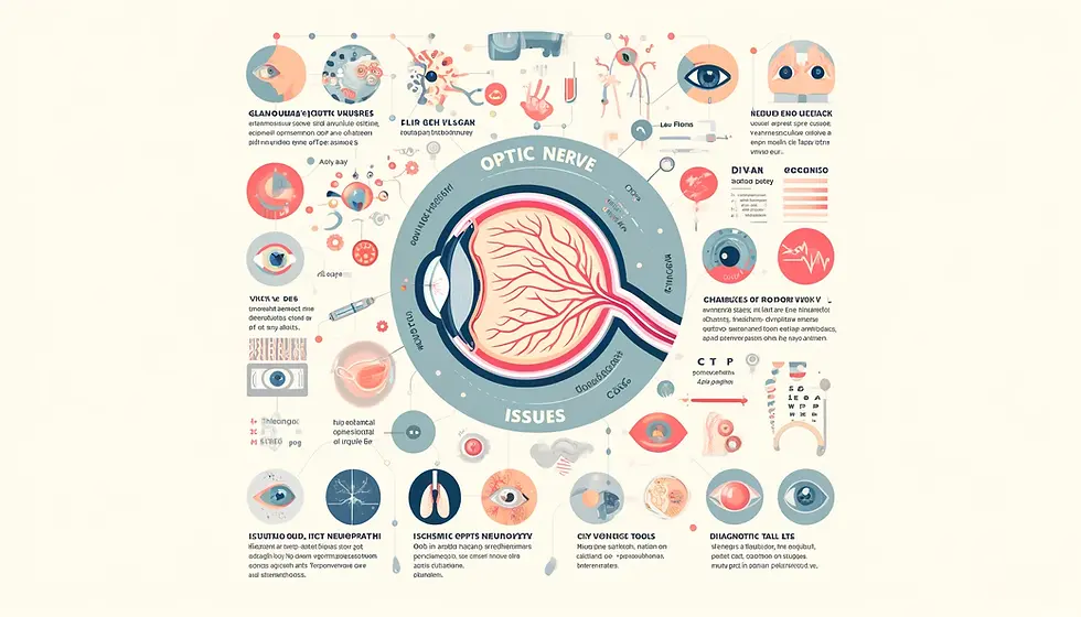 The image is an educational infographic about optic nerve issues, showcasing the human eye and optic nerve with highlighted areas affected by diseases such as glaucoma, optic neuritis, and ischemic optic neuropathy. It includes symbols depicting symptoms like vision loss, changes in color vision, and eye pain, as well as icons for diagnostic tools such as OCT scans, MRI, and visual field tests. The design features soft, approachable colors and clear, readable text, formatted for use as a thumbnail.