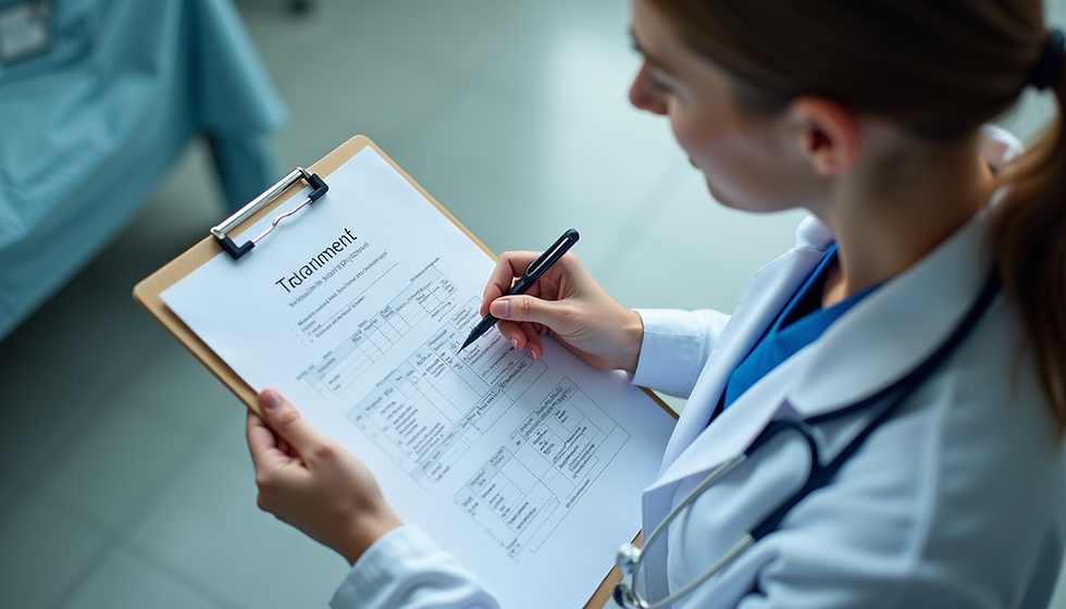 Doctor in white coat writing on a clipboard with "Treatment" title, set in a clinical room. Calm mood, blue scrubs visible.