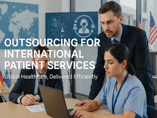 Two professionals discussing work at a laptop in an office with flags. Text: "Outsourcing for International Patient Services".