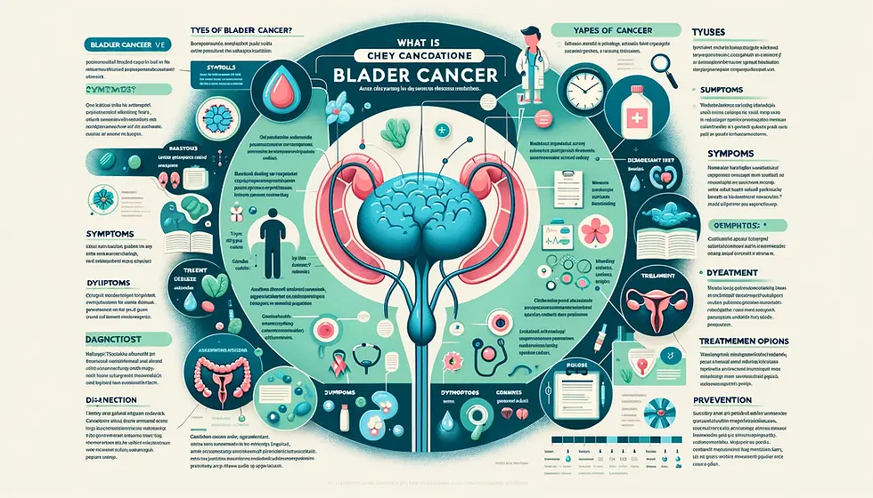 Infographic detailing bladder cancer, including sections on its definition, types, causes, symptoms, diagnosis methods, treatment options, and prevention tips.