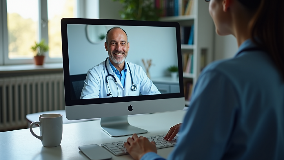 Eye-level view of a computer screen displaying a telemedicine consultation