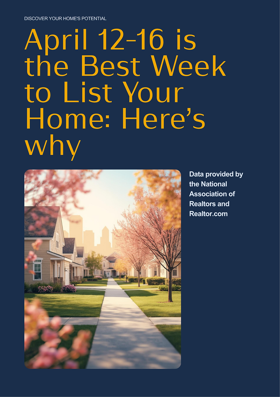 Springtime blossoms frame a serene suburban street, highlighting why April 12-16 is the ideal week to list your home, supported by insights from the National Association of Realtors and Realtor.com.