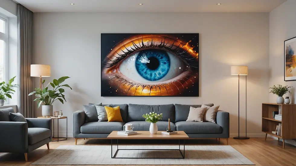 Eye-level view of a modern living room featuring augmented reality art on the wall