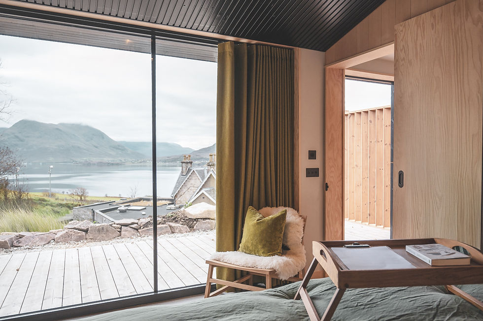 Na Bothain at Isle of Raasay distillery - award-winning Corr cabins overlooking the distillery and the Sound of Raasay to Skye
