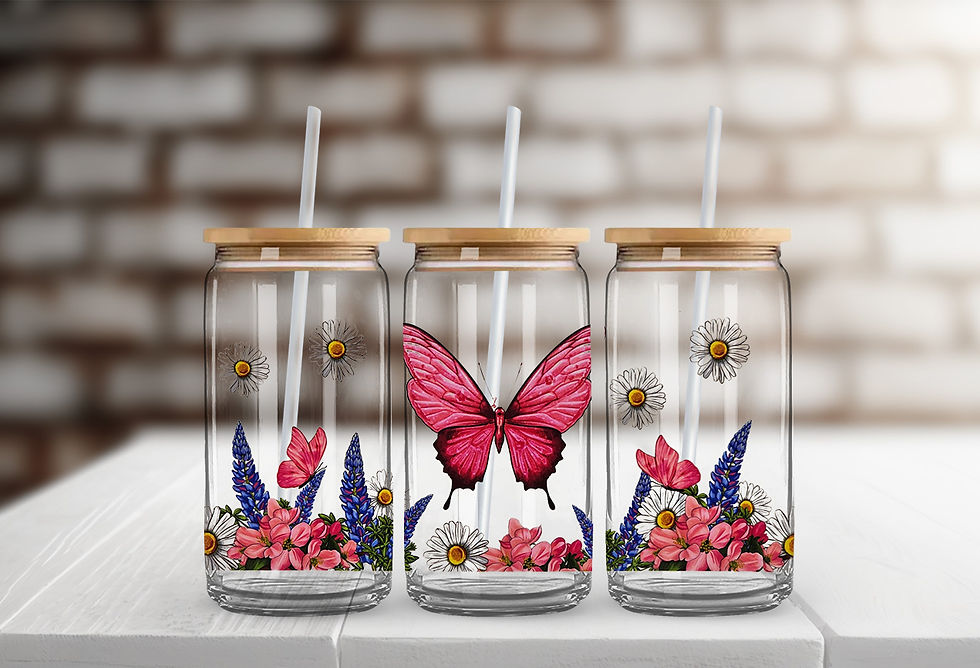 Thumbnail: "Butterfly Blossom" 16 oz Glass Can Cup or Snow Globe Glass Can