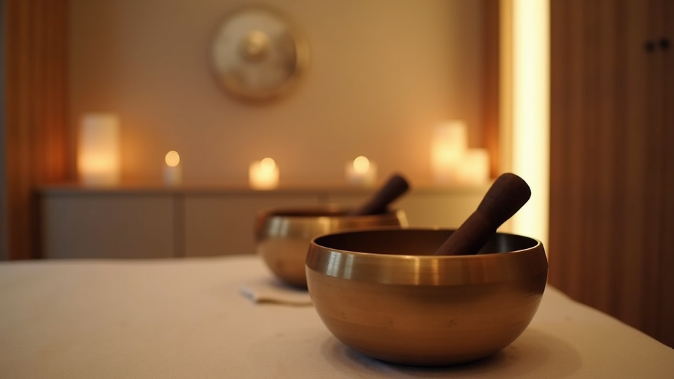 Eye-level view of a serene therapy room with sound bowls