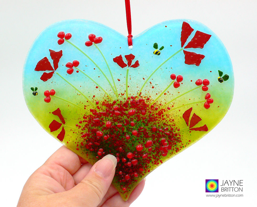 Thumbnail: Larger Poppy heart, Red flowers light catcher with bee, heart shaped