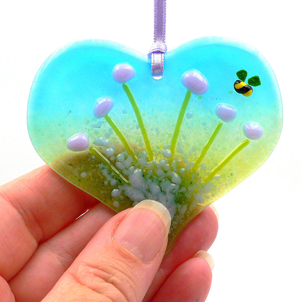 Thumbnail: Violet purple flowers light catcher with bee, heart shaped, hanging decoration