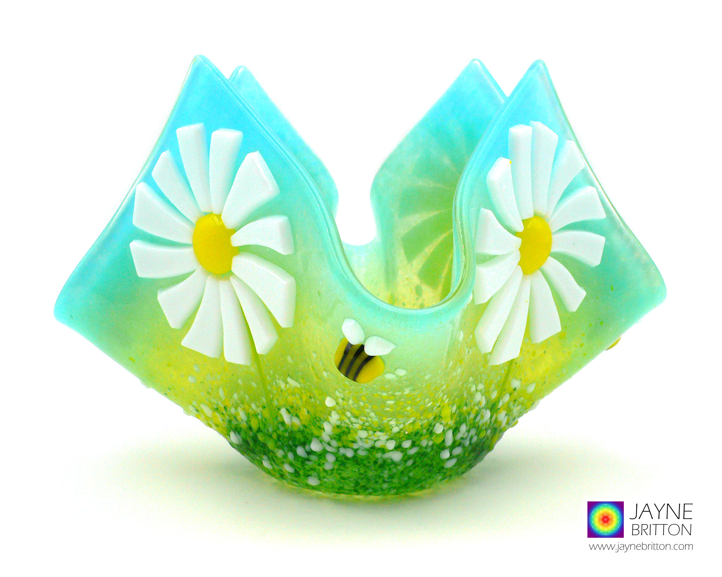 Daisy flowers and bees candle vase, trinket bowl, tea light holder