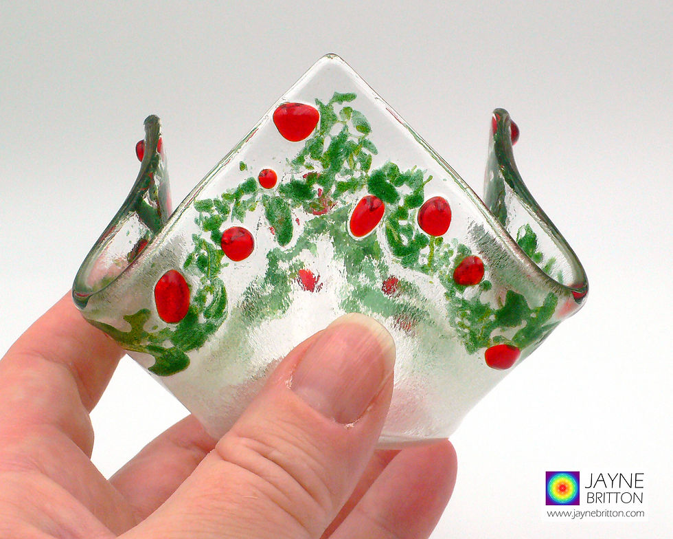 Thumbnail: Holly berries hankie vase, red and sparkly green, handmade fused glass