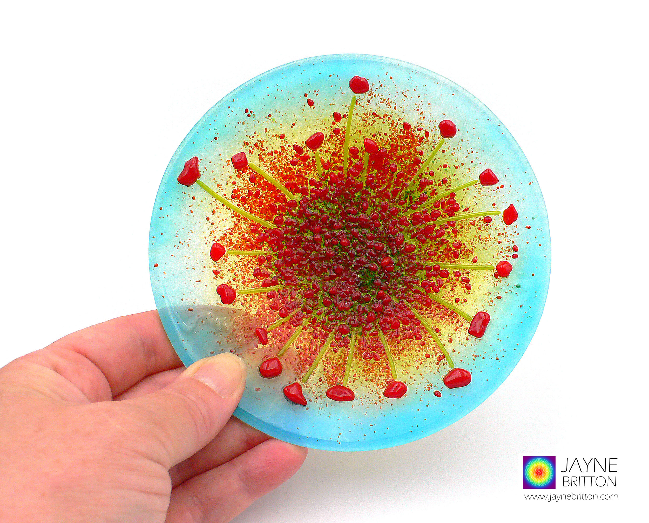 Round fused glass trinket bowl with red poppies , poppy field, uplifting