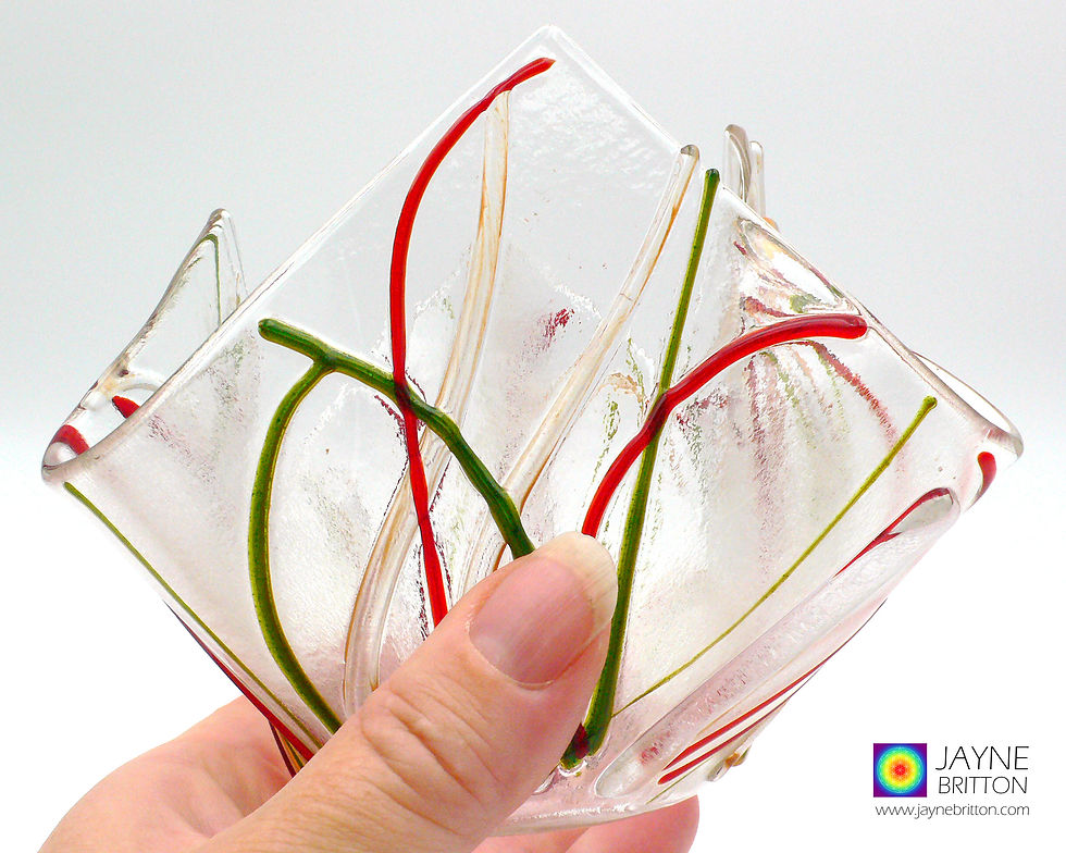 Thumbnail: Abstract red, green and gold candle vase, trinket dish, hankie vase, tea light
