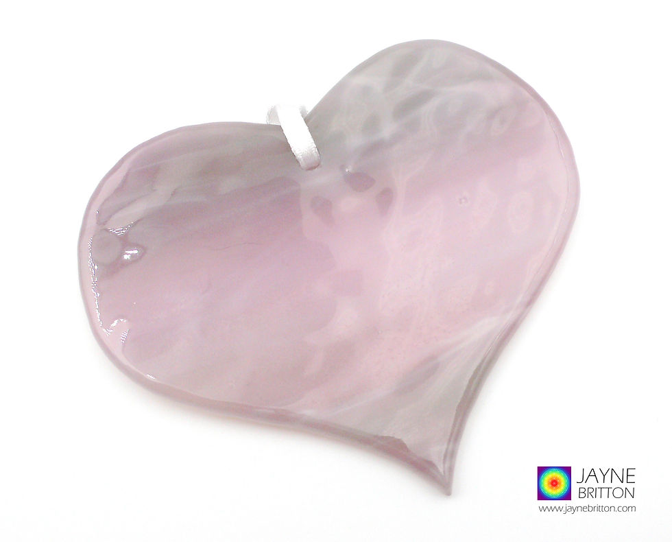Thumbnail: Fused glass heart light catcher in wispy pink, white and green, heart shaped
