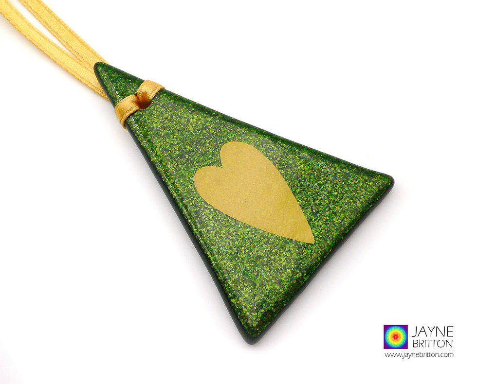 Thumbnail: Sparkly green christmas tree decoration with gold heart, handmade fused glass