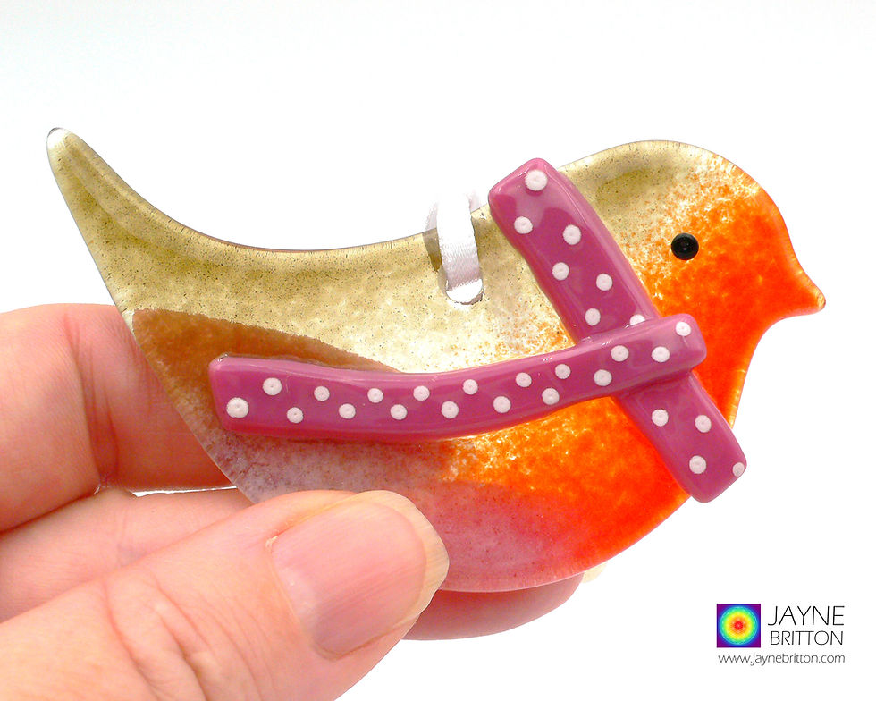 Thumbnail: Robin with pink spotty scarf, Fused glass bird, light catcher, hanging decoratio