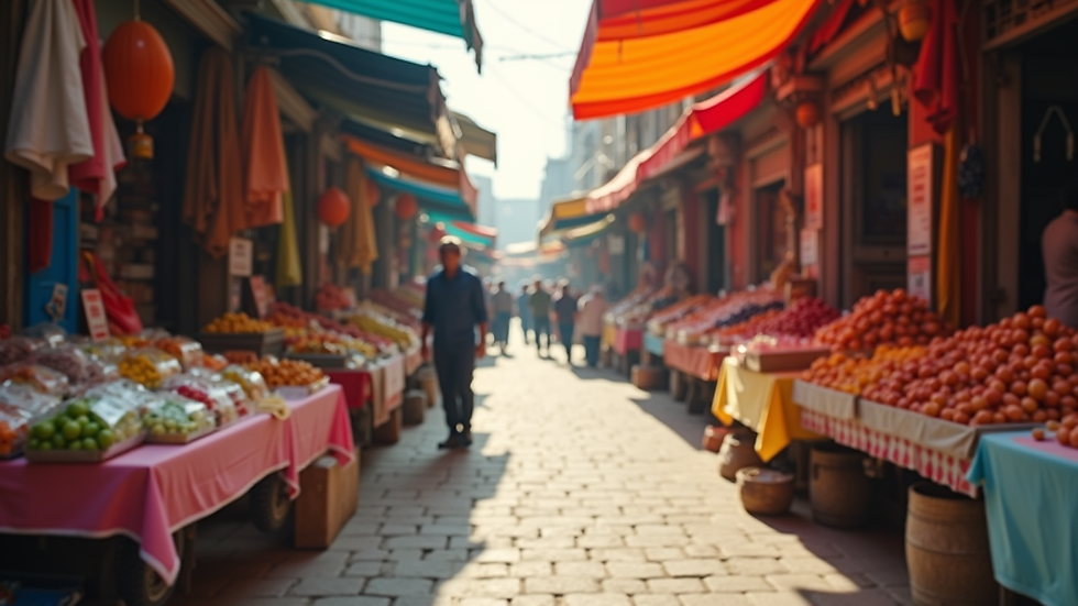Eye-level view of a vibrant outdoor market with colorful stalls