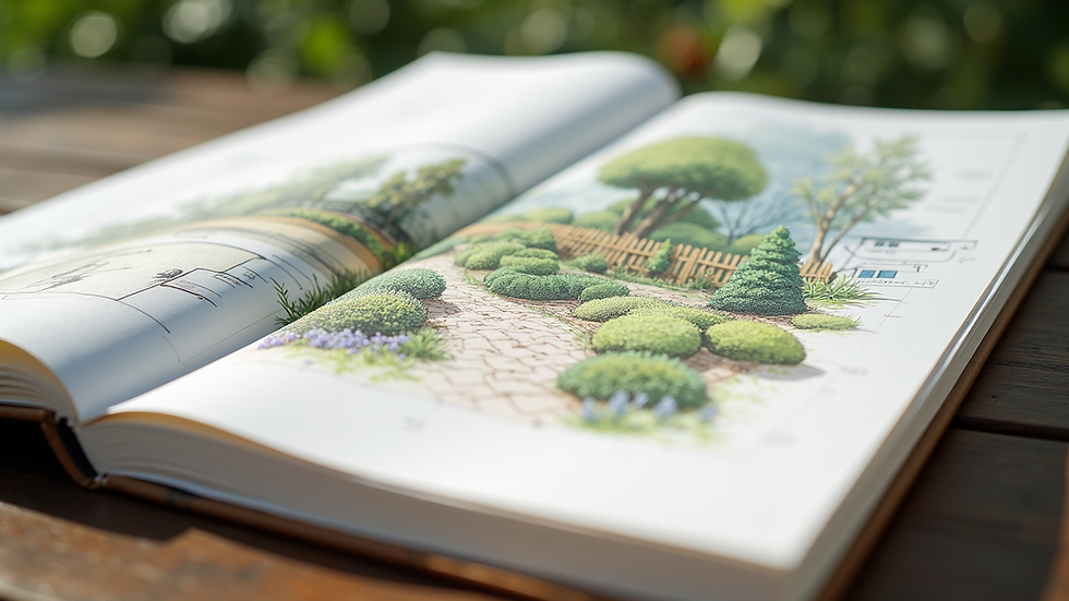 Close-up view of a garden designer’s sketchbook with detailed planting plans
