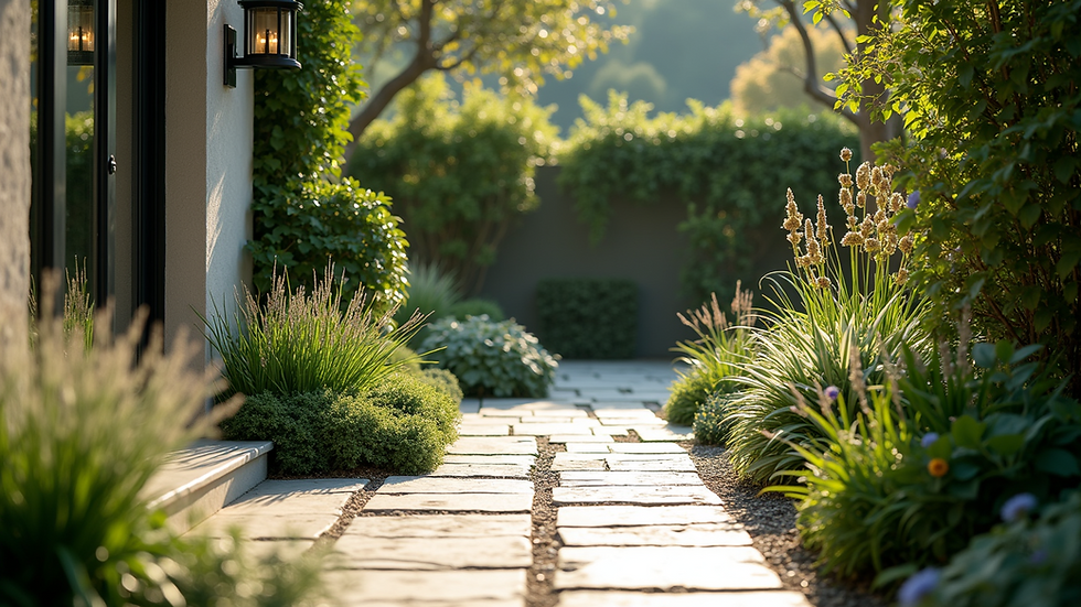 Eye-level view of a beautifully designed garden patio with stone paving and lush greenery