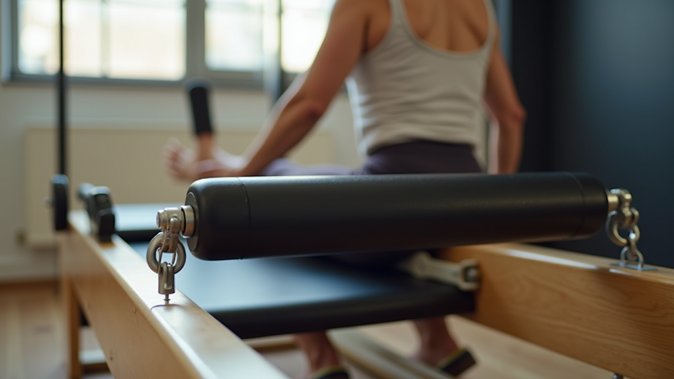 Close-up view of Pilates reformer machine with resistance springs