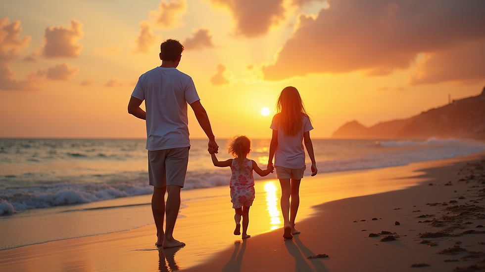 Eye-level view of a family enjoying a beach sunset