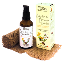 Flora Biotherapeutics organic plant-based face oil containing organic whole calendula and chamomile flowers infused in organic golden jojoba oil