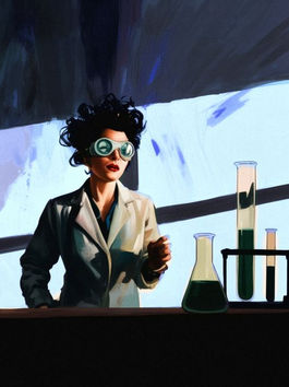 Nobody Asked Her scientist wearing goggles does chemistry in a funky lab