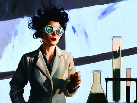 Nobody Asked Her scientist wearing goggles does chemistry in a funky lab
