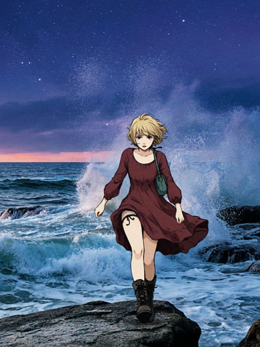 A young mousy blonde anime girl in a burgundy dress and black boots navigates the jetties as violent waves crash ashore behind her.