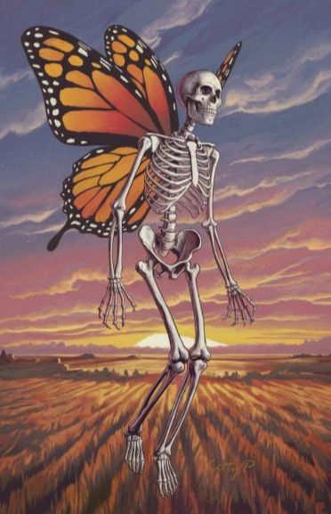 Winged skeleton hovers in golden twilight above rows of tilled farmland, butterfly wings shimmering against the sky.