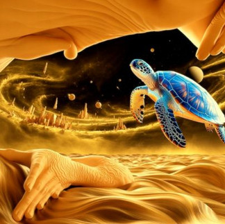 Blue 27 -- Blue the mystical traveling sea turtle explores the realm of the golden city where the caverns are formed from humanoid arm and hand extensions.