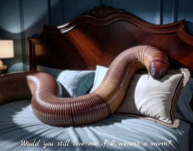 A human sized worm lies on a comfortable bed with dark brown headboard.