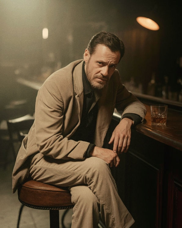 Neil Oldman wears a tan suit and leans against a bar in a smoky tavern.