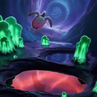 Blue 18 -- Blue the mystical traveling sea turtle explores a planet of ooky radioactivity under a purple vortex.