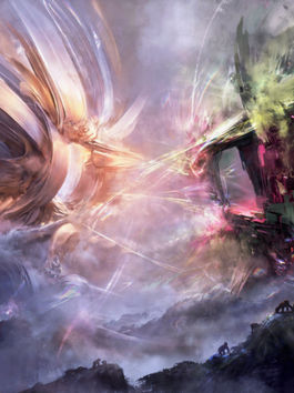 A golden titan and a strange green and plum monstrosity do battle in the skies above a mountain range as early ape creatures look on in awe.