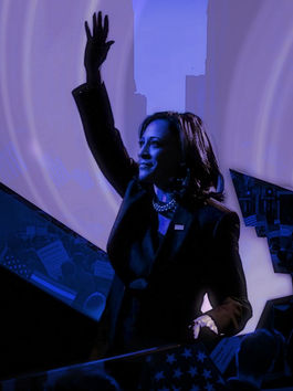 Kamala Harris raises her hand in triumph in the presidential election of 2024 in this digital graphic featuring a blue and lavender color scheme.