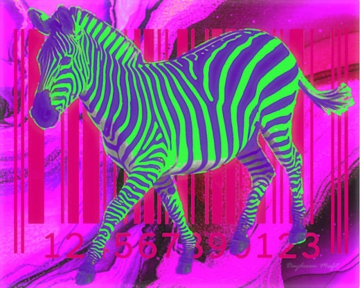 Zoo Trip: Zebra -- a green and purple zebra struts past a raspberry colored barcode on a fuschia abstract landscape.