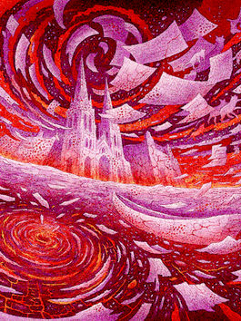 A colorful graphic with whirlpools, sky cats, a castle and a canoe amidst swirling papers.