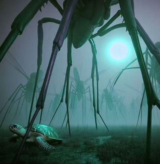 Blue 52 -- Blue the mystical traveling sea turtle explores a misty, ozone planet of giant insectoid creatures in a greenish haze.
