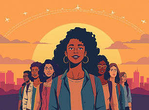 Editorial travel guide cover illustration of a confident woman with natural curly hair sta