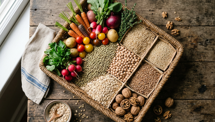 Vue en plongée d’un panier de légumes, légumineuses et céréales complètes.