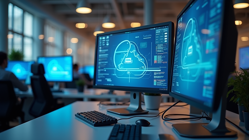 Eye-level view of a modern office workspace with multiple computer screens showing cloud infrastructure diagrams